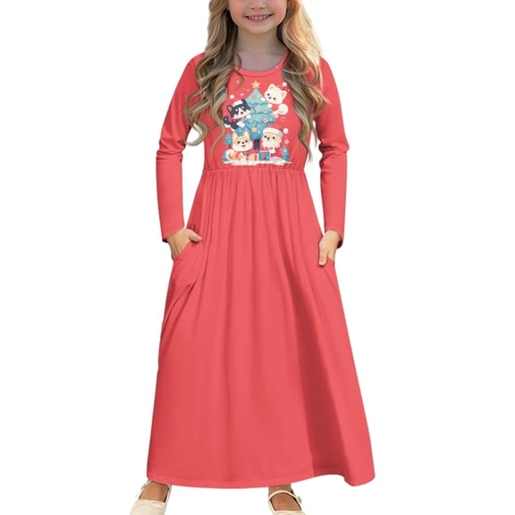 DISNIMO Christmas Dog Girls Long Sleeve Dresses Size 7-8 Dress with Long Sleeves and Pockets for Kids Long Sleeve Mini Dress Casual Swing Dress Long Frocks for Kids Swing