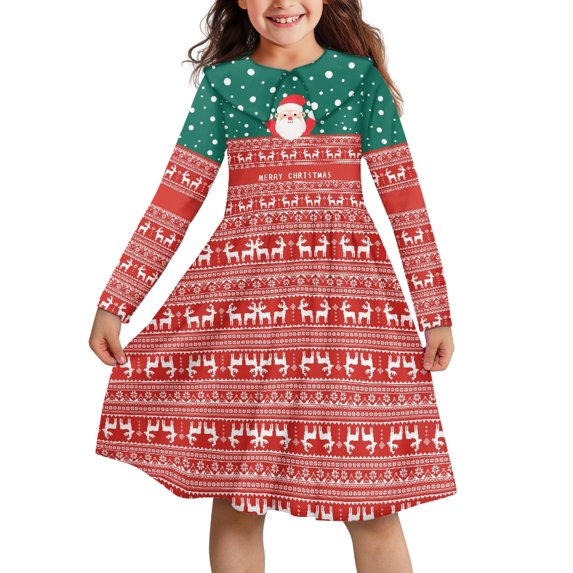 DISNIMO Christmas Dress for Girls 9-10 Dress Long Sleeve Kids Santa Claus Dress for Girls Reindeer Dress Kids Fall Casual Dress Girls Kids Dresses Soft Girl Collar Dress Girls Dress with Collars