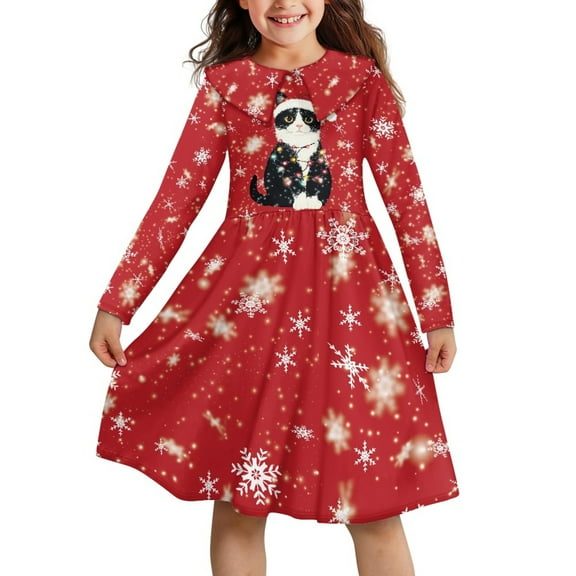 DISNIMO Christmas Dresses for Girls Cat Dress Size 3-4 Girls Dress Long Sleeve Collared Dress for Girls Red Snowflake Dress Kids Swing Dress for Girls Midi Long Sleeve Dress Kids Girls Dresses