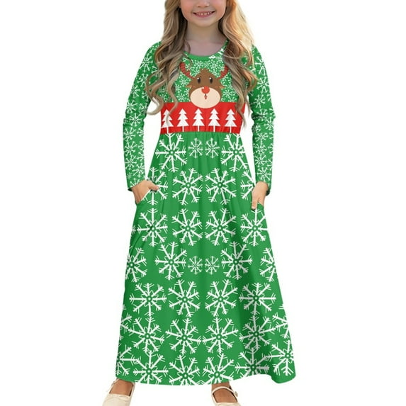 DISNIMO Christmas Green Reindeer Dress with Long Sleeves and Pockets for Kids Long Sleeve Dresses for Girls Soft Dresses Size 9-10 Girls Frock Long Sleeve Swing Dress Kids Midi Dress