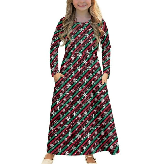 DISNIMO Christmas Snow Kids Dress Long Sleeve Lightweight Girls Long Sleeve Dresses Size 7-8 Swing Dress for Girls Print Midi Sun Dress with Pockets Kids Girls Frock Long Sleeve