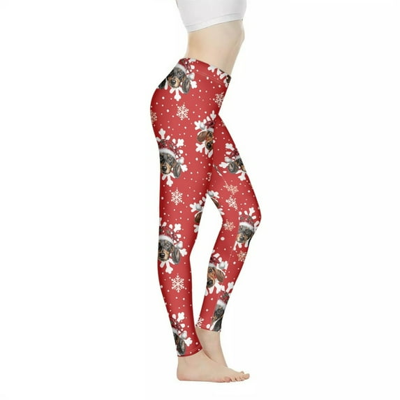 DISNIMO Christmas Snowflake Dachshund Printed Yoga Pants Leggings for Women Athletic Workout Yoga Pants, High Waist Women's Workout Leggings for Sport, Red, XS
