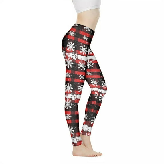DISNIMO Christmas Snowflake Printed High Waisted Leggings Tummy Control Yoga Pants Leggings, Breathable Workout Yoga Pants for Yoga Gym, Black and Red, L