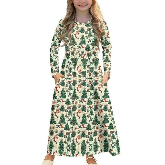 DISNIMO Christmas Tree Girls Dresses Long Sleeve dress for Girls 11-12 Dress With Sleeves for Kids Dress with Pockets Girls Full Sleeve School Uniform Form Long Dress Print Midi