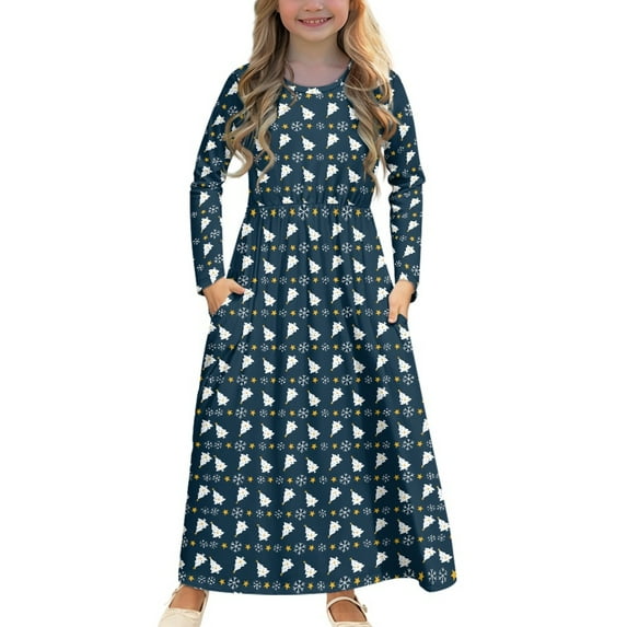 DISNIMO Christmas Tree Long Dress Long Sleeve for Kids Long Sleeve Dresses for Girls Dresses with Pockets Size 7-8 Girls Dresses for Kids Holiday Dresses for Girls Swing Dress Long