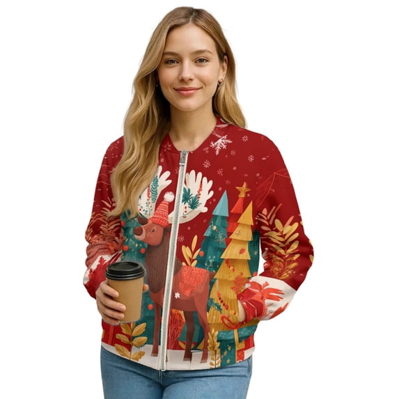 DISNIMO Christmas Tree Printed Jackets for Women Elk Printed Sweatshirts Long Sleeve Outerwear Jacket V Neck Sweatshirts for Fall Winter, 4XL