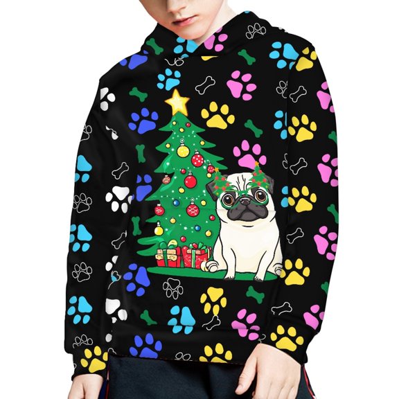 DISNIMO Christmas Tree Pug Hoodie for Kids Paw Print Hoodies Pullover for Boys Long Sleeve Sweatshirt for Children Fall Clothes Hoodies Boy Hoodies 6-7 Clothing Hoodie Girls Sweatshirts
