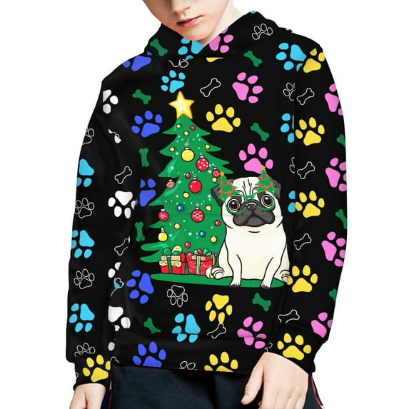 DISNIMO Christmas Tree Pug Hoodie for Kids Paw Print Hoodies Pullover for Boys Long Sleeve Sweatshirt for Children Fall Clothes Hoodies Teen Boy Hoodies 14-16 Clothing Hoodie Girls Sweatshirts