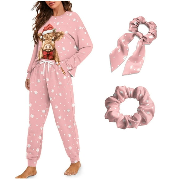 DISNIMO Christmas Women's Pajama Set Highland Cattle Snwoflake Printed Long Sleeve Sleepwear with Hair Band 4 Piece Pj Set Loose Fit Nightwear with Long Pajama Pants, M