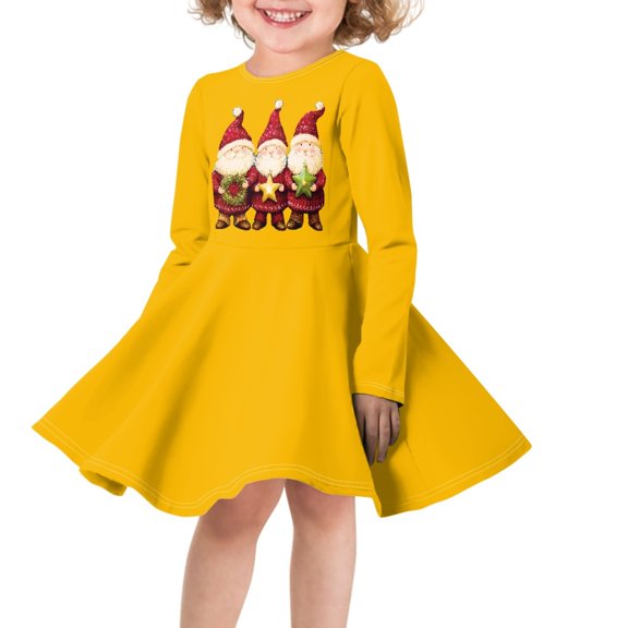 DISNIMO Christmas Yellow Dress Kids Girls Santa Claus Dress for Girls Christmas Skater Dress Long Sleeve Girls Swing Dress Size 15-16 Girls Midi Dress Yellow Winter Dress for Girls Crew Neck Dress