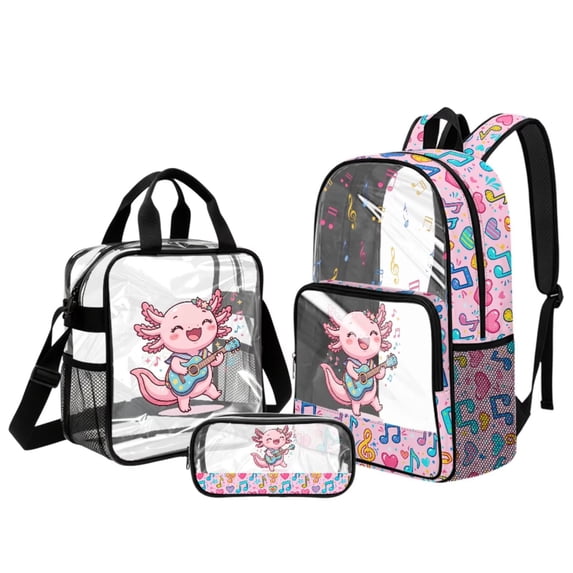DISNIMO Clear Backpack, Axolotl Music Note Print 17 Inch Heavy Duty Clear Backpacks for School, Large PVC Transparent Bookbag with Lunch Box and Pencil, Back to School Gift