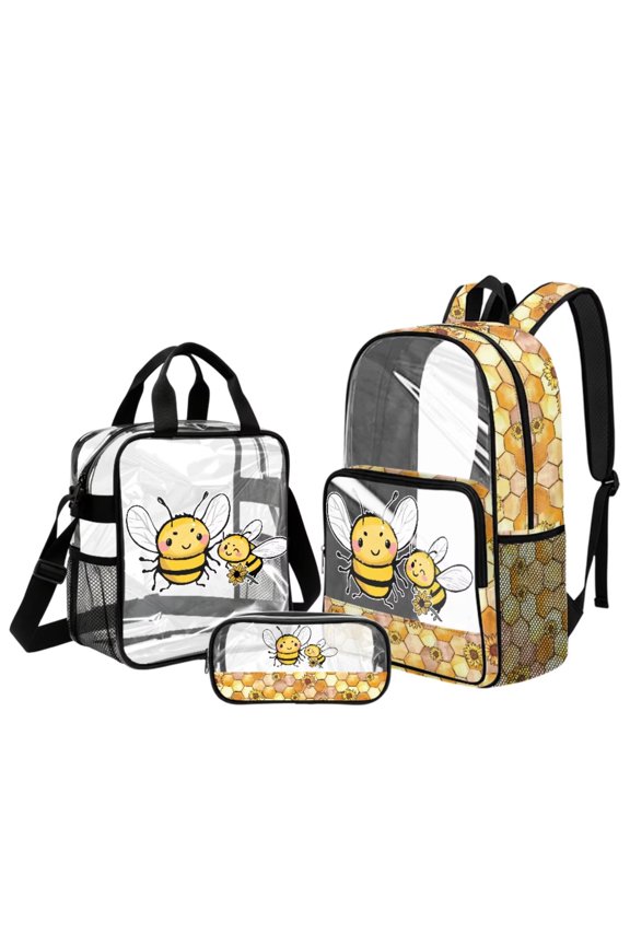 Clear Backpack, Bee Printed 17 Inch Large Backpack with Lunch Box and Pencil Case, Heavy Duty PVC Transparent Bookbag for Elementary Kindergarten Student