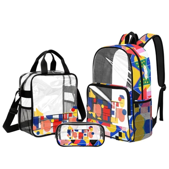 DISNIMO Clear Backpack, Color Block Printed 17 Inch Large Backpack with Lunch Box and Pencil Case, Heavy Duty PVC Transparent Bookbag for Elementary Kindergarten Student