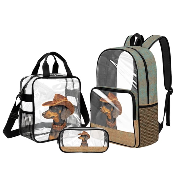 DISNIMO Clear Backpack, Dachshund Printed 17 Inch Large Backpack with Lunch Box and Pencil Case, Heavy Duty PVC Transparent Bookbag for Elementary Kindergarten Student
