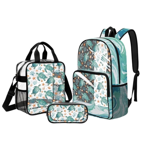DISNIMO Clear Backpack for Girls, Sea Turtle Starfish Print 3Pcs Stadium Approved 17" See Through Bookbag Set with Pencil Case, Large Capacity Lunch Bag with Long Strap