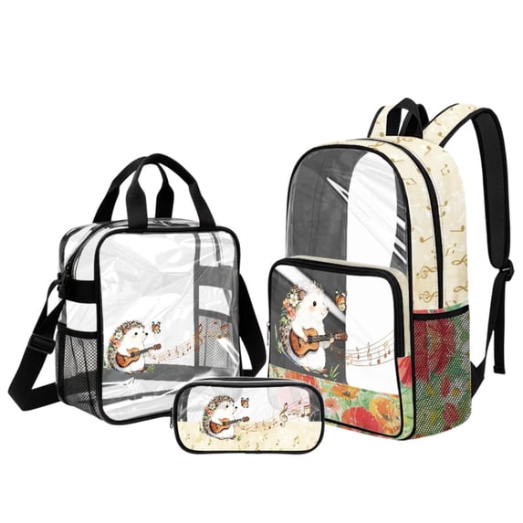 DISNIMO Clear Backpack, Hedgehog Floral Print 17 Inch Heavy Duty Clear Backpacks for School, Large PVC Transparent Bookbag with Lunch Box and Pencil, Back to School Gift