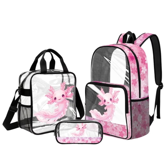 DISNIMO Clear Backpack for School, Axolotl Cherry Blossom Print 3 Pcs Heavy Duty Large Clear Backpack with Lunch Box & Pencil Bag for Kids Girls, See Through PVC Bookbag