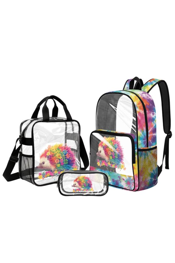 Clear Backpack for School, Hedgehog Tie Dye Print 17 Inch Large Clear Bookbag Set with Lunch Box and Pencil Case, Heavy Duty Transparent School Backpack for Girls