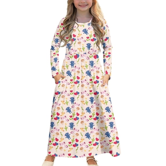 DISNIMO Colorful Axolotl Kids Dress Long Sleeve Dresses for Girls 11-12 Dress for Kids Dresses with Pockets Kids Long Frocks for Kids Full Sleeve Swing Dress Midi Girls Long Sleeve