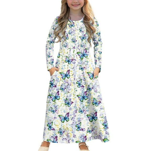 DISNIMO Colorful Butterfly Long Sleeve Dress for Kids Dresses for Girls 5-6 Long Sleeve Girls Dress with Pockets Kids Swing Dress Long Sleeve for Kids Midi Dress Fall Crew Neck Dress