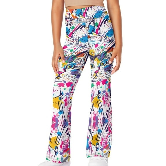 DISNIMO Colorful Cat Leggings Flare Girls Bell Bottoms Size 5/6 Girls Flare Leggings Long with Pockets for Kids Yoga Pants for Girls Works Flare Pants for Girls Elastic Waist