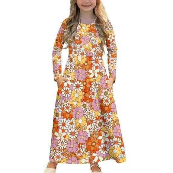 DISNIMO Colorful Flowers Girls Long Sleeve Dresses Size 7-8 Long Sleeve Dress for Kids Cute Dresses for Middle School Dance Girls Long Sleeve Swing Dress with Pockets Soft Midi
