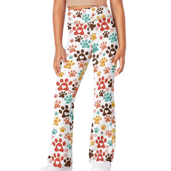 DISNIMO Colorful Paw Print Bell Bottom Pants for Kids Yoga Pants for Girls Yoga Pants Flare 11-12 Kids Girls Flare Leggings with Pockets Cross High Waisted Yoga Pants Bell Bottoms Pants
