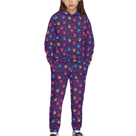 DISNIMO Colorful Paw Print Hoodie And Pants Set for Girls Pullover Hoodies Size 8-9 Girls Hoodies Set for Boys Hoodie with Pockets for Girls Crew Neck Hoodie Fall Hoodie Sweatshirt for Girls Loose