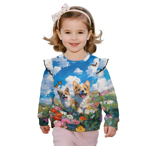 DISNIMO Corgi Butterfly Printed Girl Sweatshirt Crewneck Pullover Tops Daisy Printed T-Shirts Long Sleeve Sweater for Fall Winter 7-8 Years