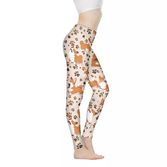 DISNIMO Corgi Dog Paw Printed Yoga Pants Leggings for Women, High Waisted Leggings Tummy Control Workout Yoga Pants for Running Cycling, Orange, XS