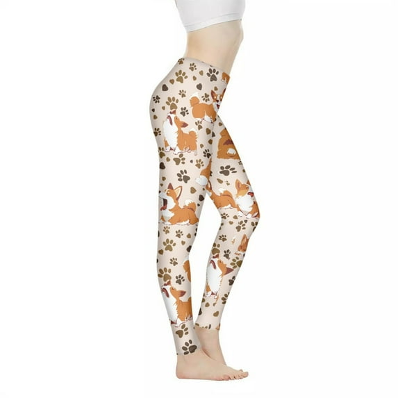 DISNIMO Corgi Dog Paw Printed Yoga Pants Leggings for Women, High Waisted Leggings Tummy Control Workout Yoga Pants for Running Cycling, Orange, XS