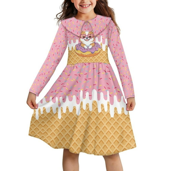 DISNIMO Corgi Dress for Girls 7-8 Casual Girls Dresses Long Sleeve Pink Dress for Girls Ice Cream Dresses for Kids Collar Dress Girls Long Sleeve Twirly Dress Kids Girl Dress Collar Dresses Kids