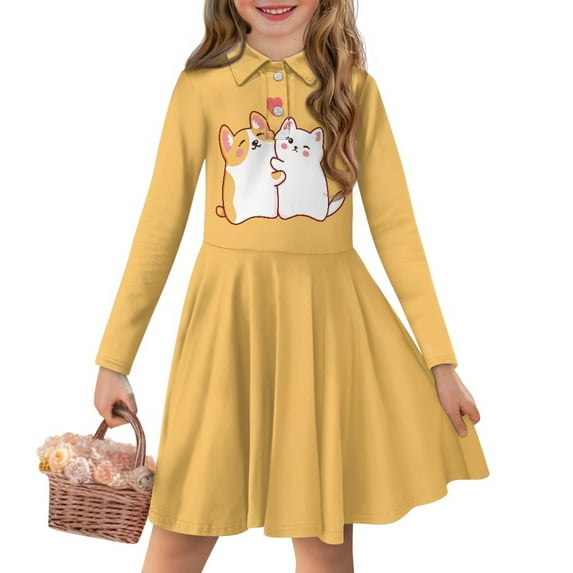 DISNIMO Corgi Dress for Girls Heart Dresses for Girls 13-14 Fall Swing Dress Teen Girl Long Sleeve Dress with Collar Kids Midi Dress for Youth Girls Twirling Dress Children Skater Dress Soft Animal