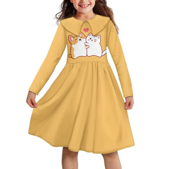 DISNIMO Corgi Dress for Girls Long Sleeve Dress Heart Dresses for Girls 9-10 Dresses for Children Dress Girls Collared Dress Fall Midi Dress for Clothes Dress Clothes Girls