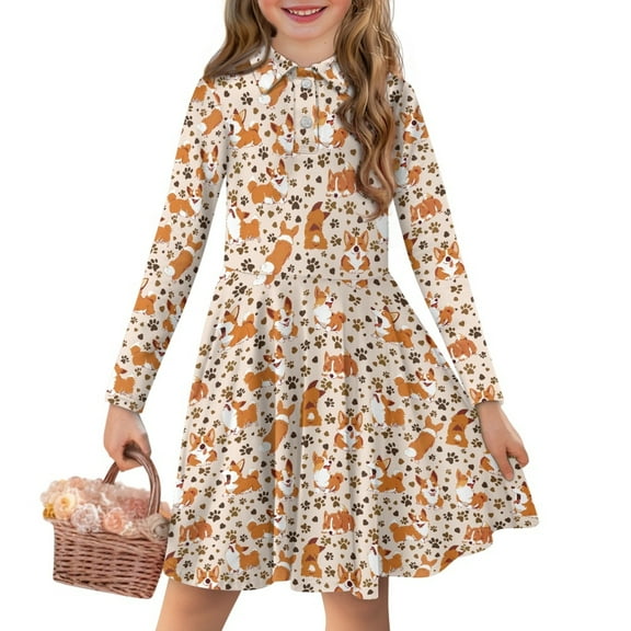 DISNIMO Corgi Dress for Girls Paw Print Dress Kids Long Sleeve Skater Dress Girls Collared Dress Fall Swing Dress Girl Twirl Dress Girls Dresses with Buttons Animal Print Little Girls Dress 3-4