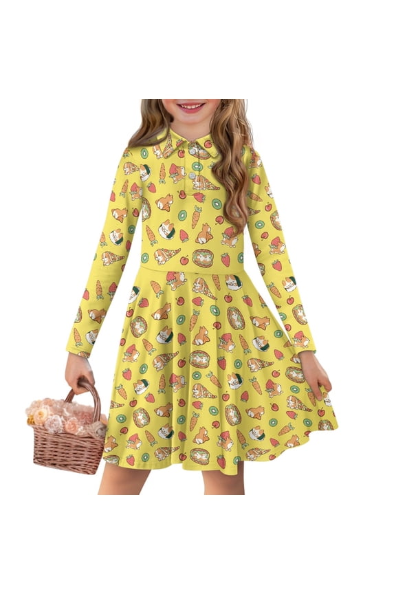 Corgi Dress for Girls Strawberry Dress 3-4 Year Old Girl Dresses Long Sleeve Fall Midi Dress Girl Swing Dress with Collar for Girls Animal Dresses for Kids Country Girls Dress with Buttons