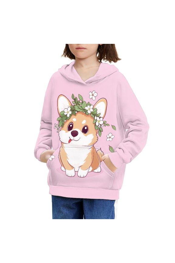 Corgi Flower Girls Long Sleeve Hoodies Pullover Kids Boys Girls Hoodies Sweatshirt with Hoodie Pockets Children Hoodies Girls Hoodie 8-10 Soft Fall Clothing Student Hoodie