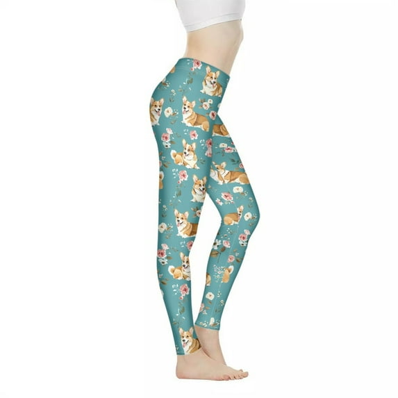 DISNIMO Corgi Flower Printed High Waisted Yoga Pants for Women, Tummy Control Yoga Pants Leggings Breathable Workout Leggings for Yoga Gym, Blue, 3XL