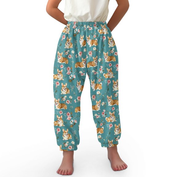 DISNIMO Corgi Flower Trousers for Girls Bloomer Harem Pants for Yoga Baggy Pants for Girls 8-12 Harem Pants for Kids Loose Legged Bloomers Long Pants for Girls Loose Beach Pants for Girls