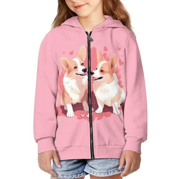 DISNIMO Corgi Hoodie for Girls Kids Zip Up Heart Hoodie Girls Size 6-7 Girls Hoodies Zipper Sweatshirt Girls Hooded Sweatshirts Boys Children Hooded Jacket Girl Animal Hoodies with Print Pink
