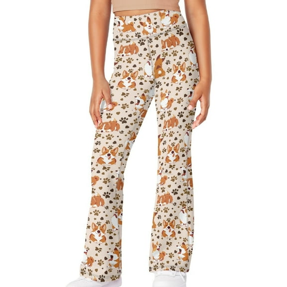DISNIMO Corgi Paw Girls Flare Leggings Cross High Waisted Yoga Pants Kids Bell Bottom Leggings with Pockets Sizes 11-12 Kids Workout Dancing Yoga Bell Bottoms Leggings