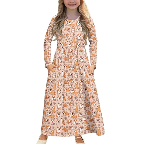 DISNIMO Corgi Paw Print Dresses for Girls Long Sleeve with Pockets for Girls Crew Neck Dress Girls Twirl Dresses Size 7-8 Long Sleeve Dress for Girls Soft Dress Twirl Dress