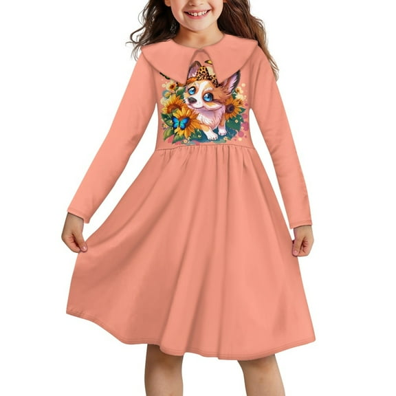DISNIMO Corgi Sunflower Butterfly Dress Girls 11-12 Long Sleeve Dresses Girl Dress for Girls Collared Long Sleeve Dress for Girls Kids Dress Fall Dress Children Girls Dresses with Collar