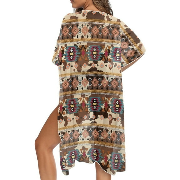 DISNIMO Cow Aztec Print Women's Kimono Coverup Summer Swimsuit Beach Cover Ups Loose Casual Resort Wear Half Sleeve Wearable Bikini Coverups