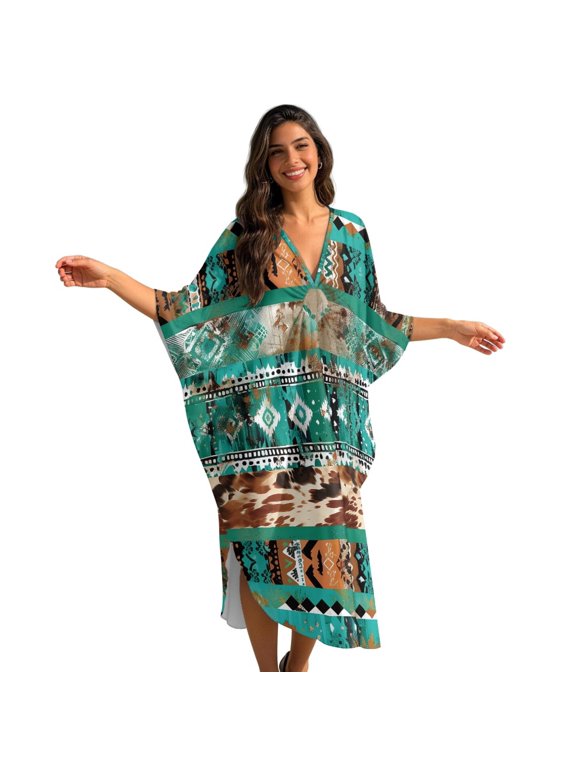 Cow Aztec Tribal Printed Women's Kaftan Maxi Dress Batwing Sleeve V Neck Beach Swimsuit Cover Ups Loose Fit Bathing Suit Coverup Lightweight Caftan Dresses Soft Loungewear