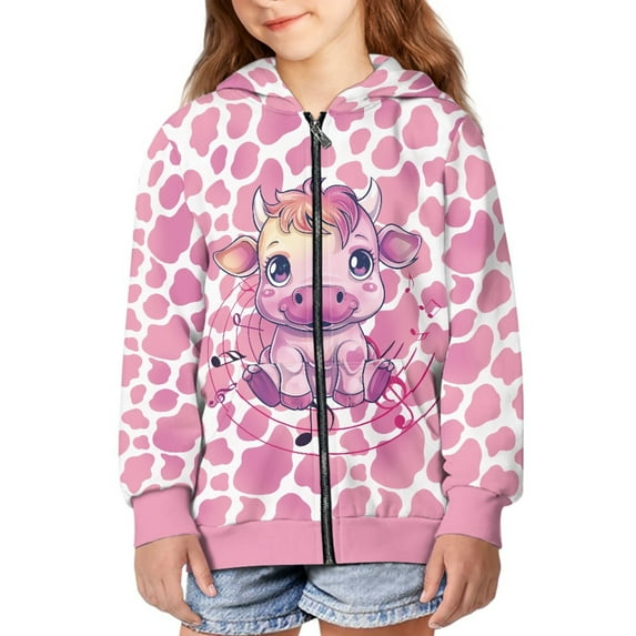 DISNIMO Cow Hoodie for Girls Cow Print Hoodies Kids Music Note Zip Up Hoodie Kids Girls Aesthetic Hoodies Boys Sweatshirts Zippered Sweatshirt Girls 8-10 Hooded Jacket Girls Hooded Jackets Pink