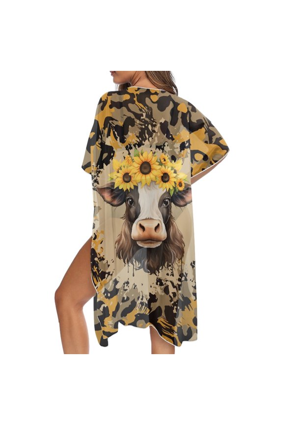 Cow Leopard Sunflower Print Women's Kimono Cover Up Open Front Cardigan Swimsuit Coverups Vacation Beach Cover Ups Loose Casual Resort Wear