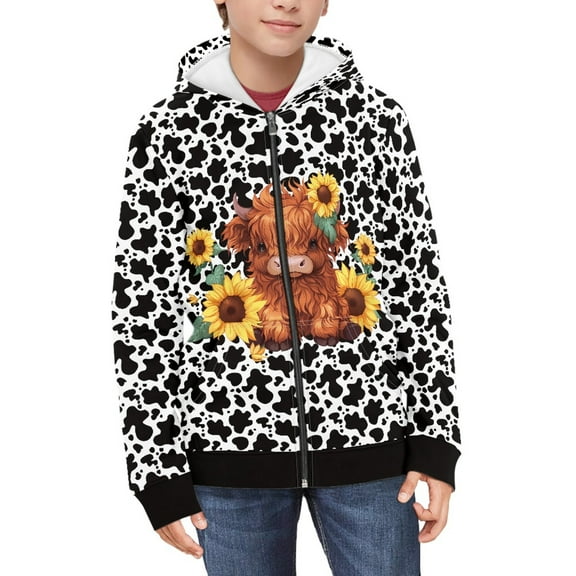 DISNIMO Cow Print Hoodie Girl Sunflower Hoodies with Zipper for Girls Zip Up Sweatshirt Jacket for Boys Hoodies Zip Front Sweatshirts 11-13 Childrens Hoodie Jackets Teenagers Hoodies Fall Clothing
