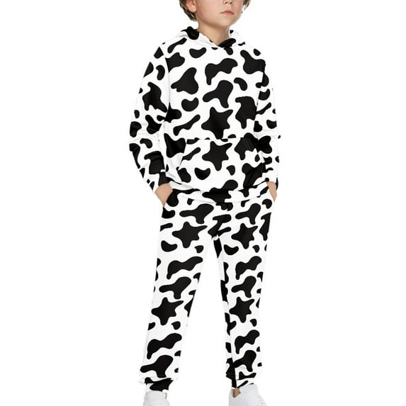 DISNIMO Cow Print Hoodies for Kids 10-12 Boys Clothing Set for Boys Hoodies Set for Girls 2 Piece Hoodie Outfits for Boys Pullover Hoodie Kids Hooded Sweatshirts Boys Drop Shoulder Hoodie Set Kids