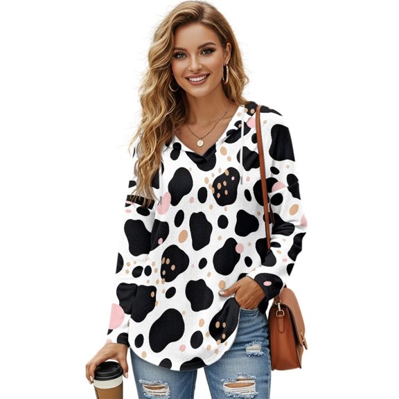 DISNIMO Cow Print Hoodies for Women Causal Sweatshirts Waffle Shirts Long Sleeve Pullover Tops V Neck Hooded Sweatshirt, S